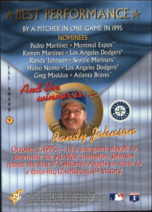 1996 Stadium Club TSC Awards #9 Randy Johnson back image