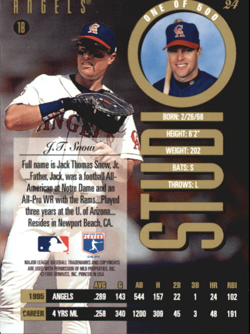 1996 Studio Gold Press Proofs #24 J.T. Snow back image