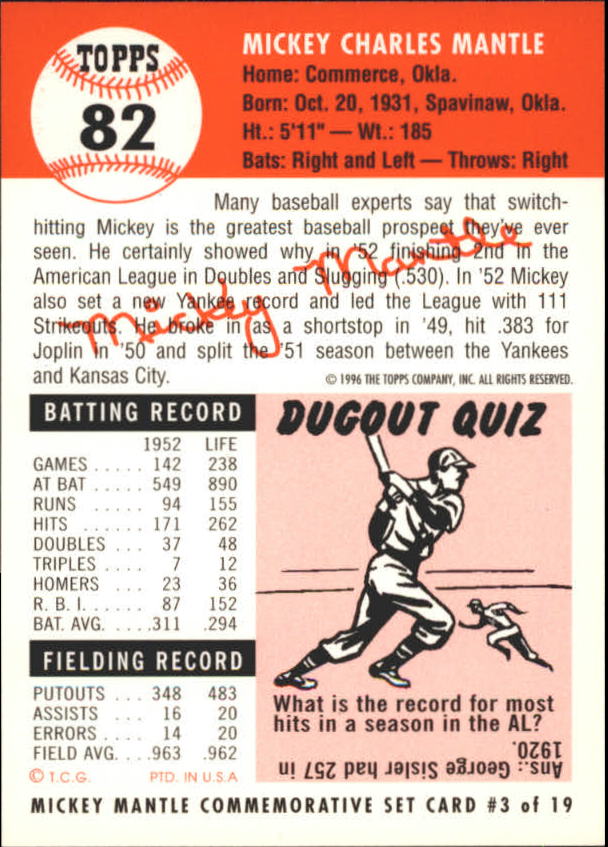 1996 Topps Mantle #3 Mickey Mantle/1953 Topps back image