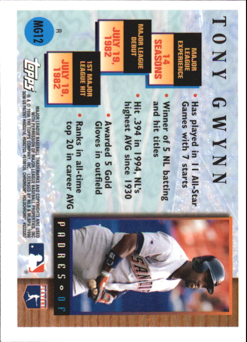 1996 Topps Chrome Masters of the Game Refractors #12 Tony Gwynn back image