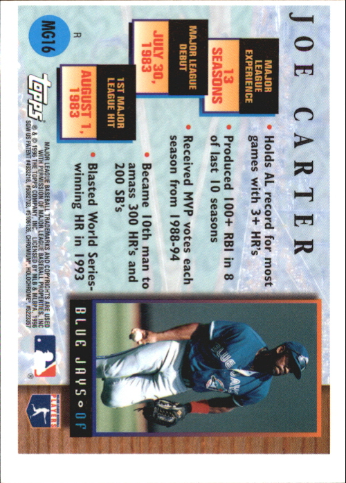 1996 Topps Chrome Masters of the Game Refractors #16 Joe Carter back image