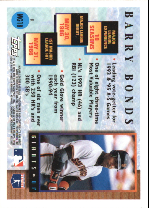 1996 Topps Chrome Masters of the Game Refractors #18 Barry Bonds back image