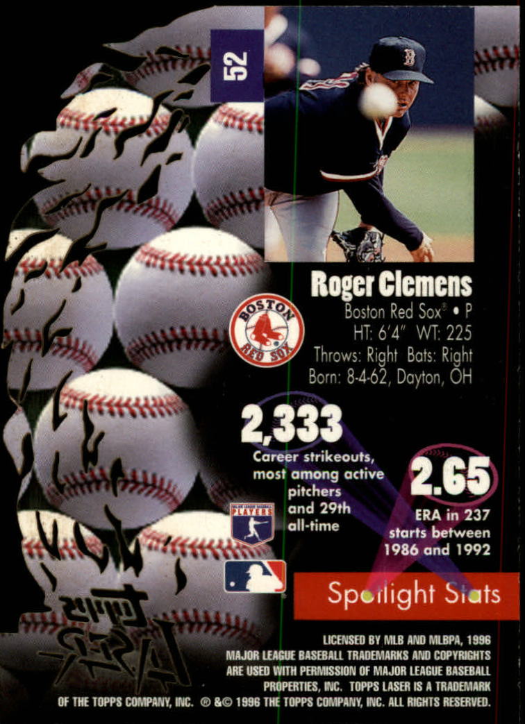 1996 Topps Laser #52 Roger Clemens back image