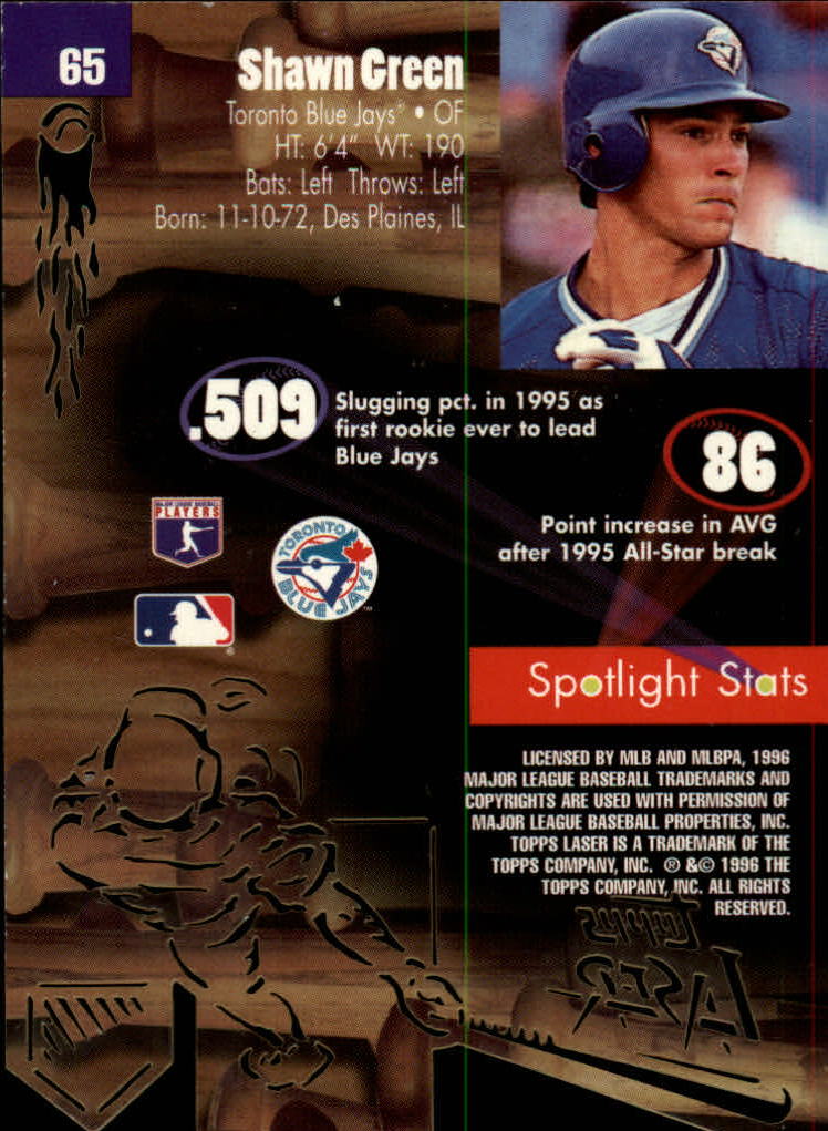 1996 Topps Laser #65 Shawn Green back image