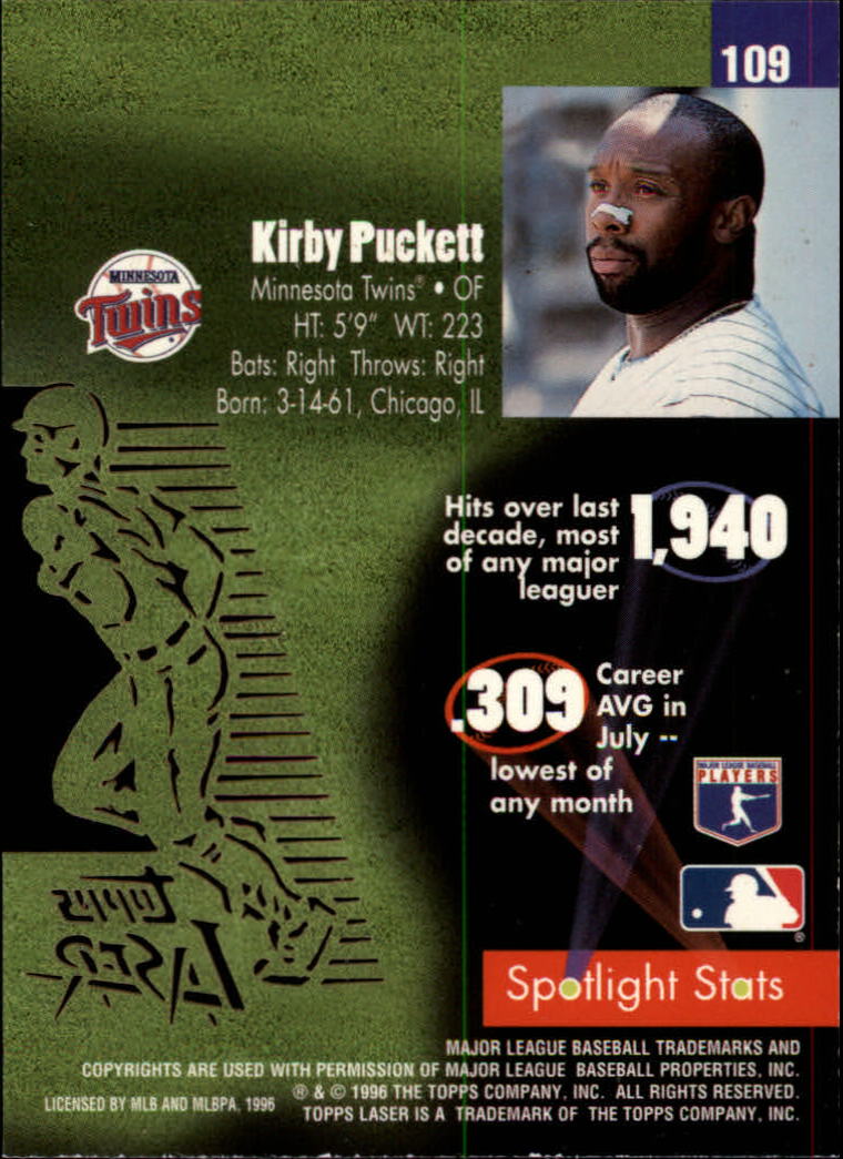 1996 Topps Laser #109 Kirby Puckett back image