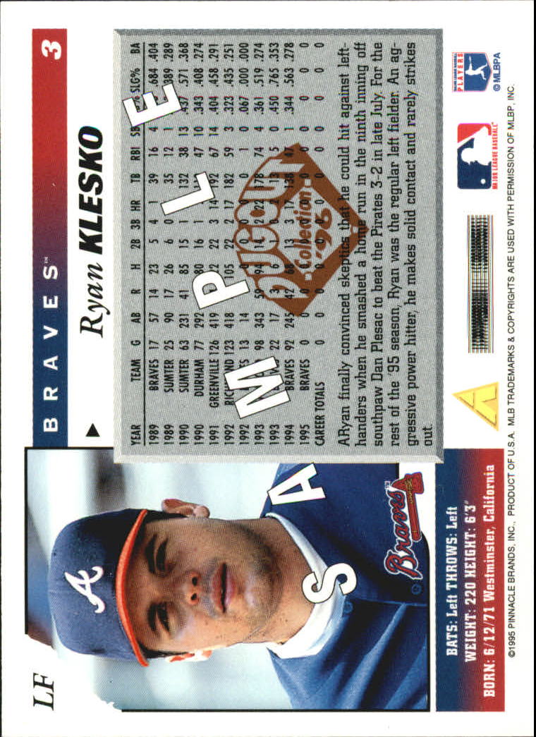 1996 Score Dugout Collection Samples #3 Ryan Klesko back image