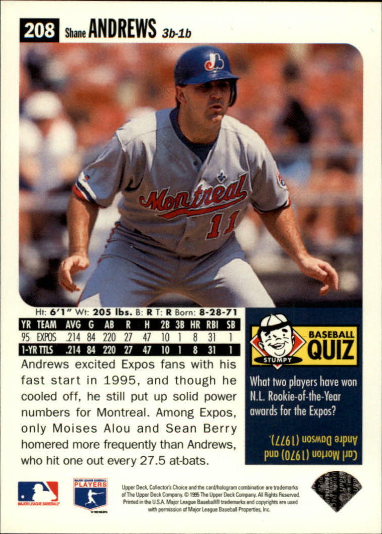 1996 Collector's Choice #208 Shane Andrews back image