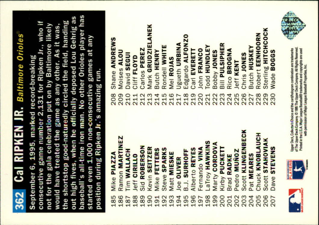 1996 Collector's Choice #362 Cal Ripken CL back image