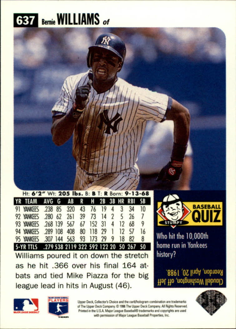 1996 Collector's Choice #637 Bernie Williams back image