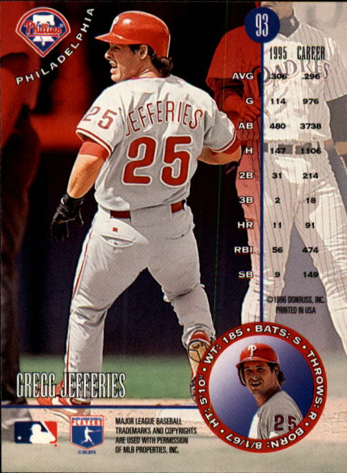 1996 Leaf #93 Gregg Jefferies back image