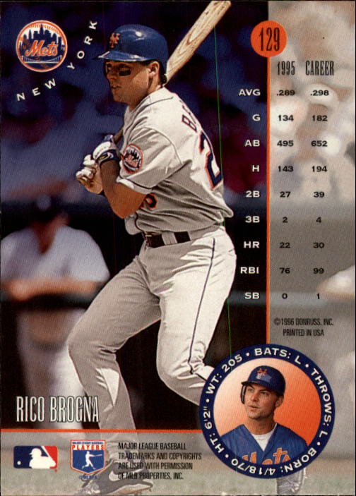 1996 Leaf #129 Rico Brogna back image