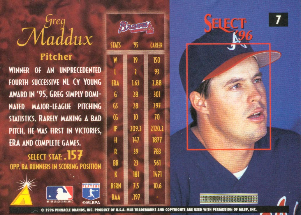 1996 Select #7 Greg Maddux back image