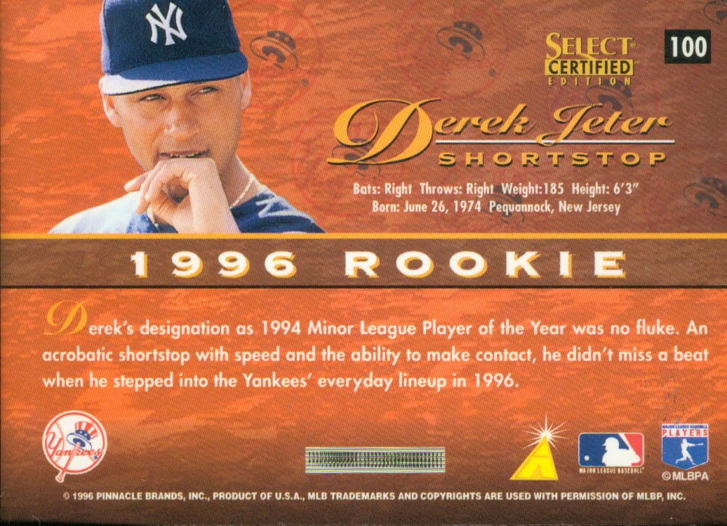 1996 Select Certified #100 Derek Jeter back image