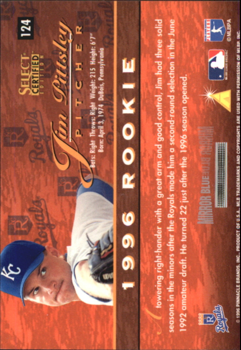 1996 Select Certified Mirror Blue #124 Jim Pittsley back image