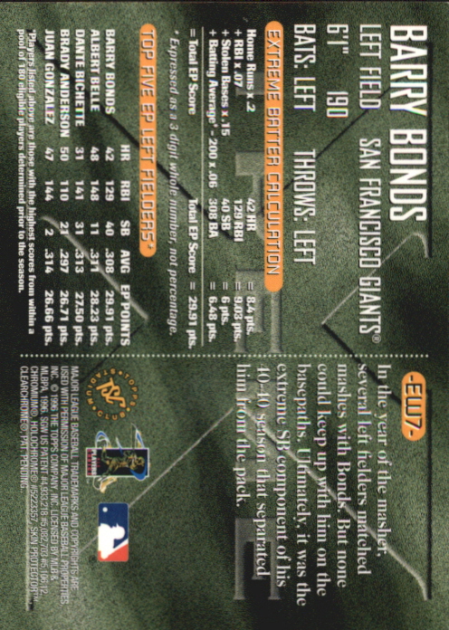 1996 Stadium Club Extreme Winners Silver #EW7 Barry Bonds back image