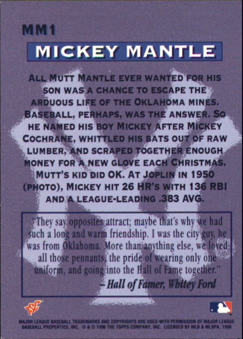 1996 Stadium Club Mantle #MM1 Mickey Mantle/Batting Follow Through, 1950 back image