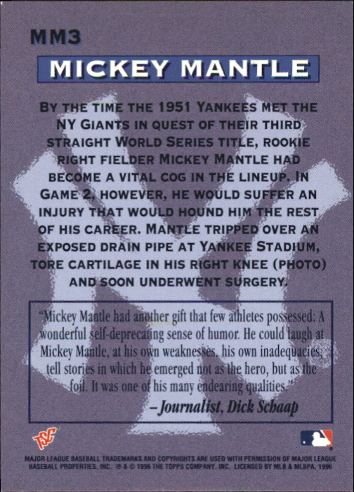 1996 Stadium Club Mantle #MM3 Mickey Mantle/Locker room shot, 1951 back image