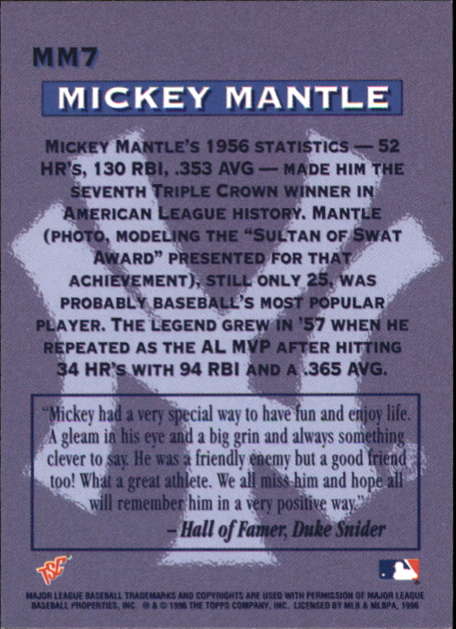 1996 Stadium Club Mantle #MM7 Mickey Mantle back image