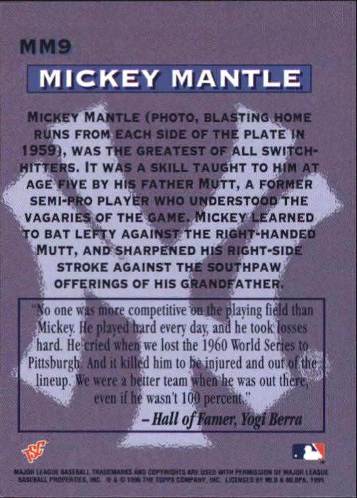 1996 Stadium Club Mantle #MM9 Mickey Mantle/Batting both ways, 1959 back image