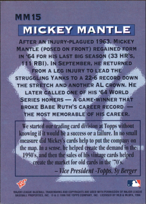 1996 Stadium Club Mantle #MM15 Mickey Mantle/Smiling Pose, 1964 back image