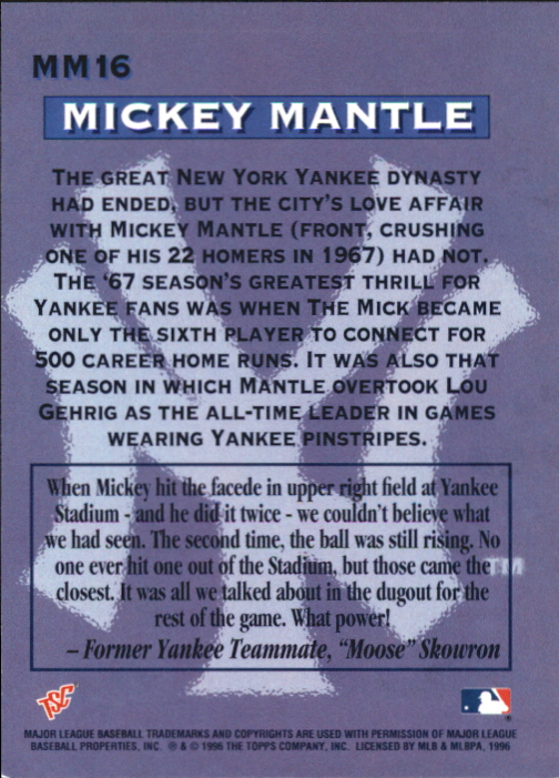 1996 Stadium Club Mantle #MM16 Mickey Mantle back image