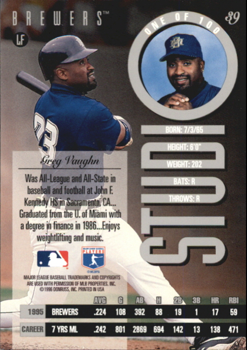 1996 Studio Silver Press Proofs #39 Greg Vaughn back image