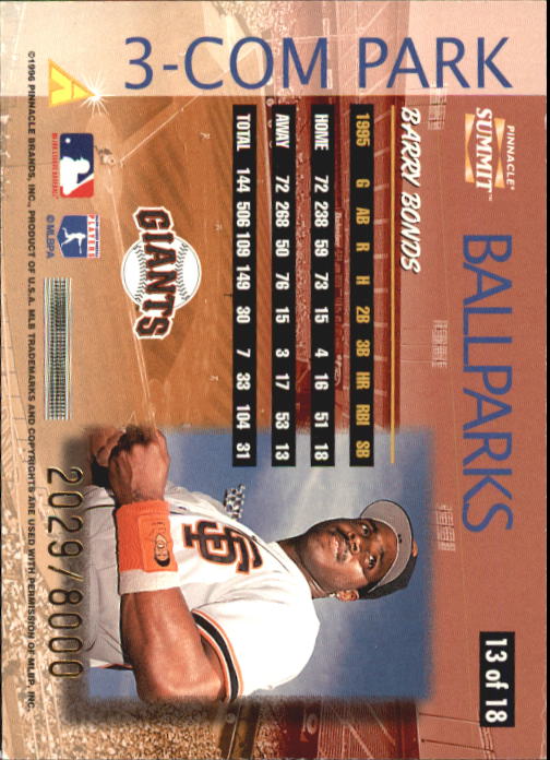 1996 Summit Ballparks #13 Barry Bonds back image