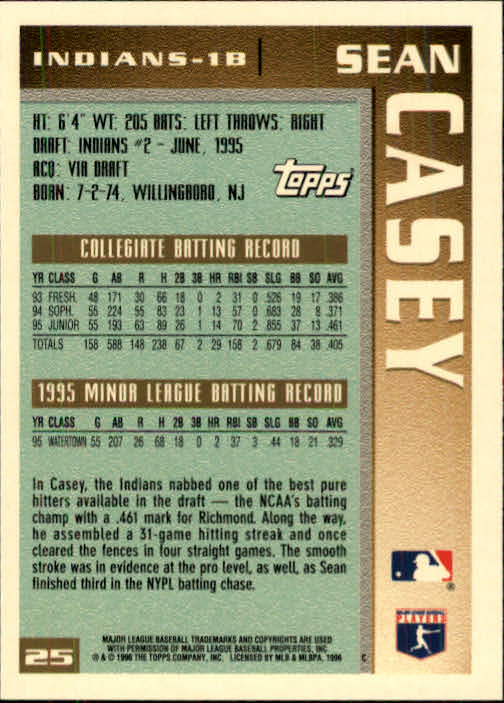 1996 Topps #25 Sean Casey RC back image
