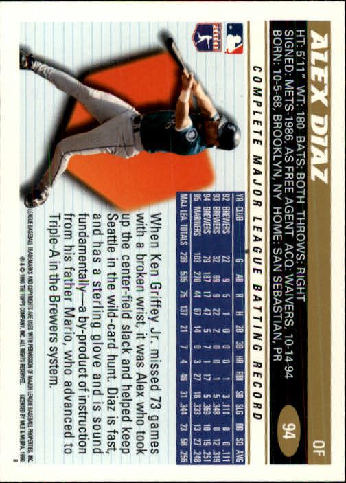 1996 Topps #94 Alex Diaz back image