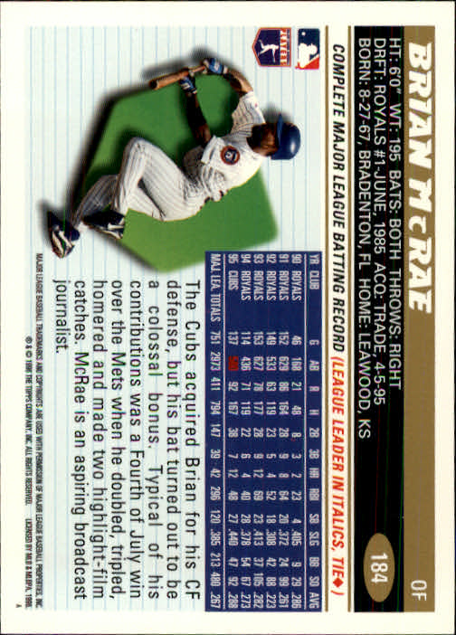 1996 Topps #184 Brian McRae back image