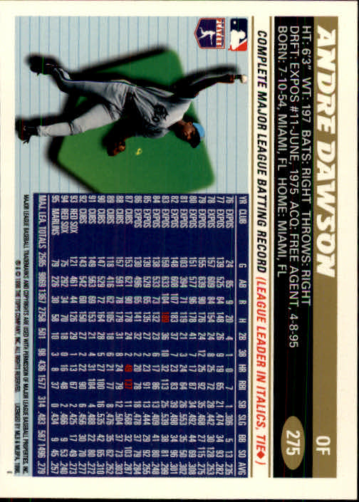 1996 Topps #275 Andre Dawson back image