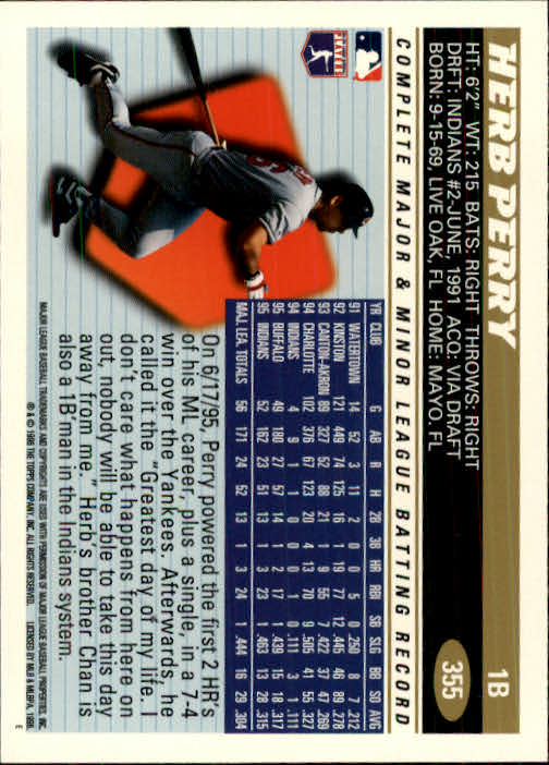1996 Topps #355 Herb Perry back image