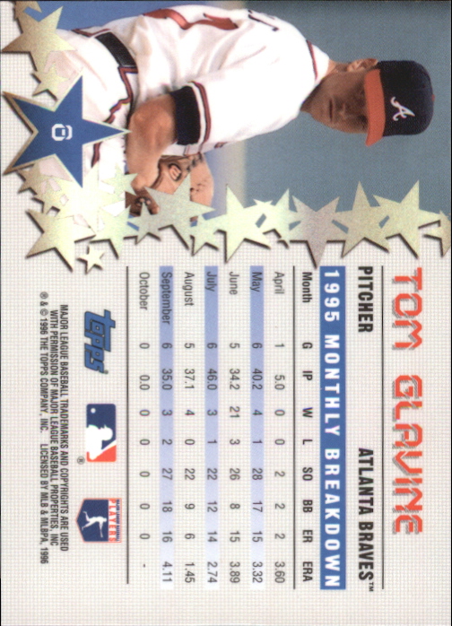 1996 Topps Power Boosters #8 Tom Glavine back image