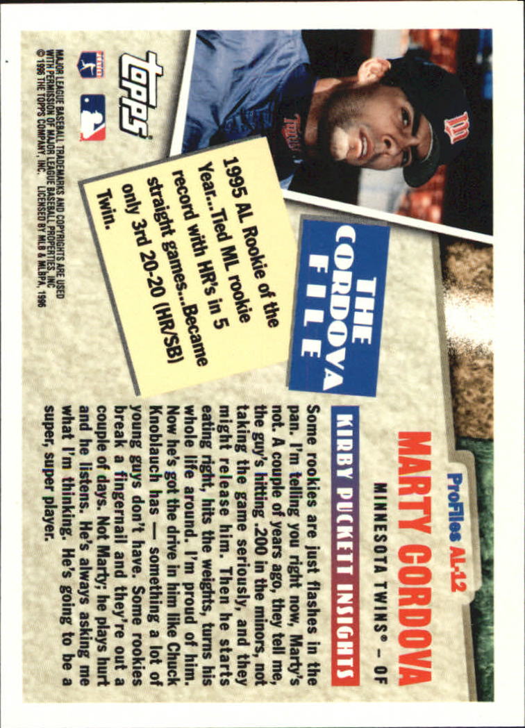 1996 Topps Profiles #AL12 Marty Cordova back image