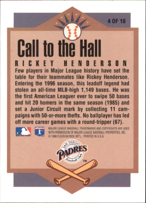 1996 Ultra Call to the Hall #4 Rickey Henderson back image