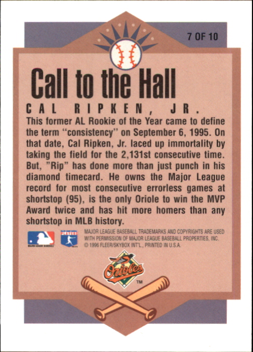 1996 Ultra Call to the Hall #7 Cal Ripken back image