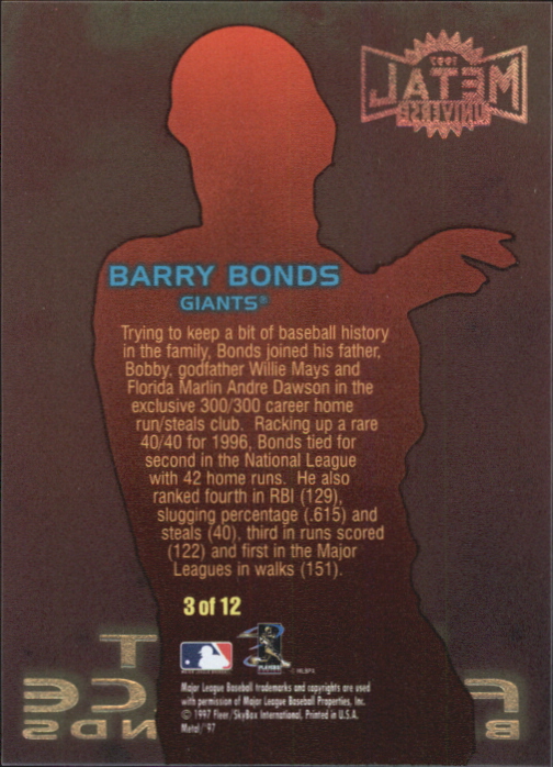 1997 Metal Universe Blast Furnace #3 Barry Bonds back image