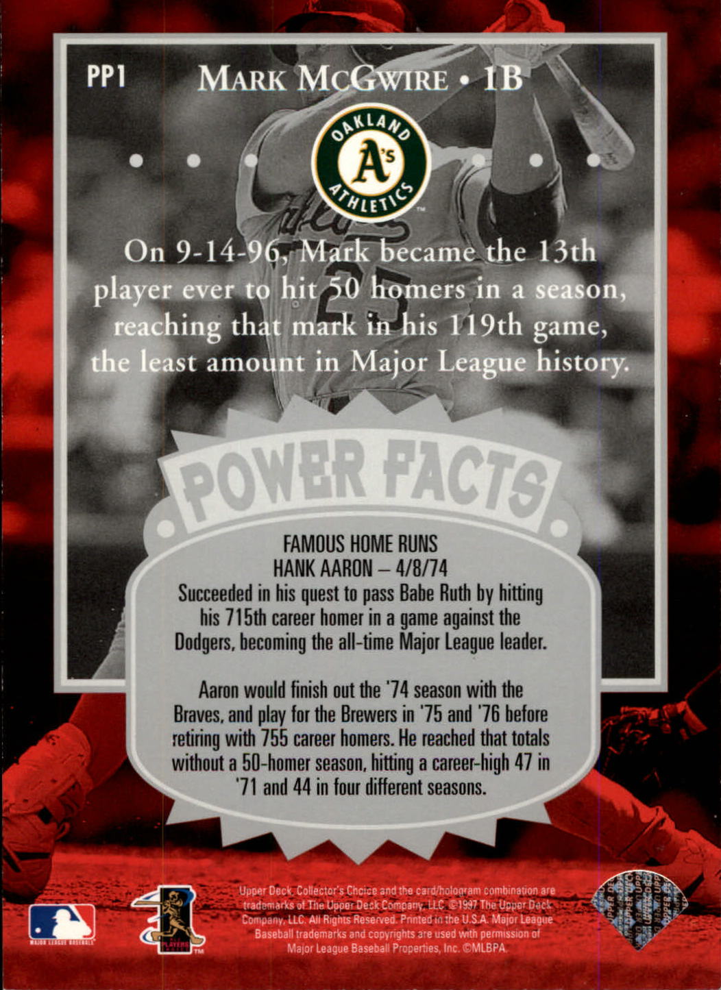 1997 Collector's Choice Premier Power Jumbos #PP1 Mark McGwire back image