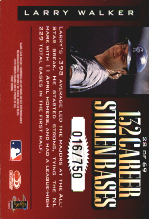 1997 Donruss Limited Fabric of the Game #28 Larry Walker S back image