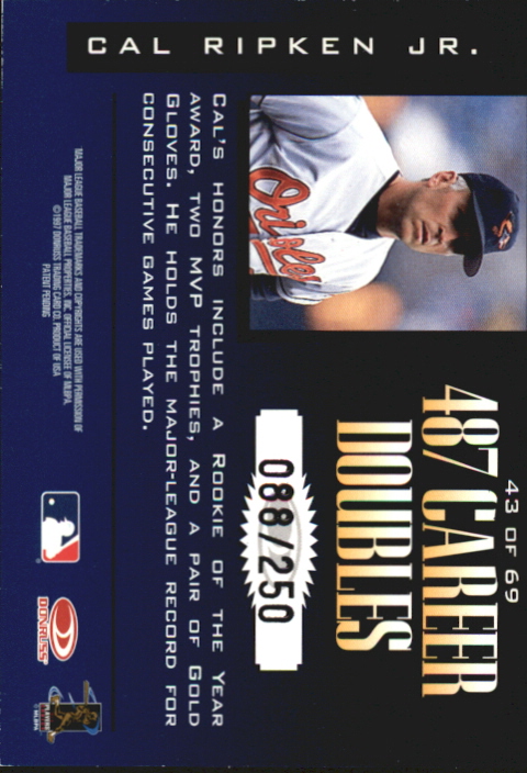 1997 Donruss Limited Fabric of the Game #43 Cal Ripken HF back image