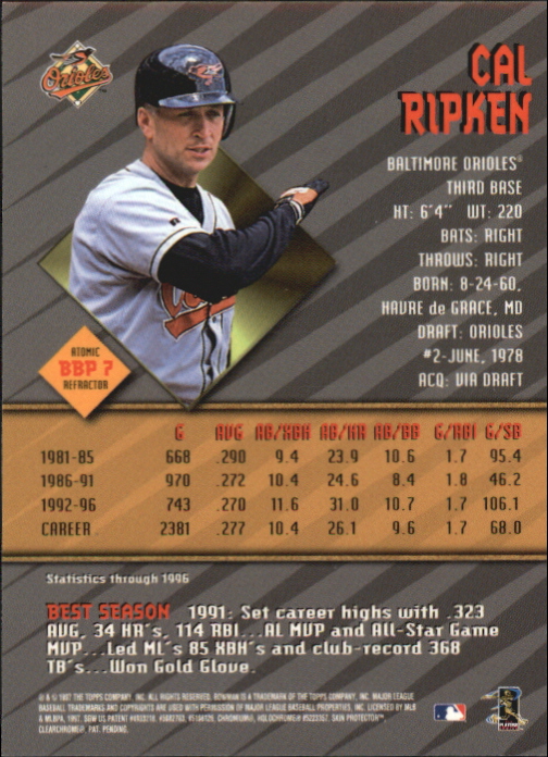 1997 Bowman's Best Preview Atomic Refractor #BBP7 Cal Ripken back image