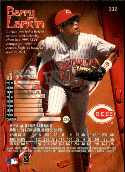 1997 Circa #332 Barry Larkin back image