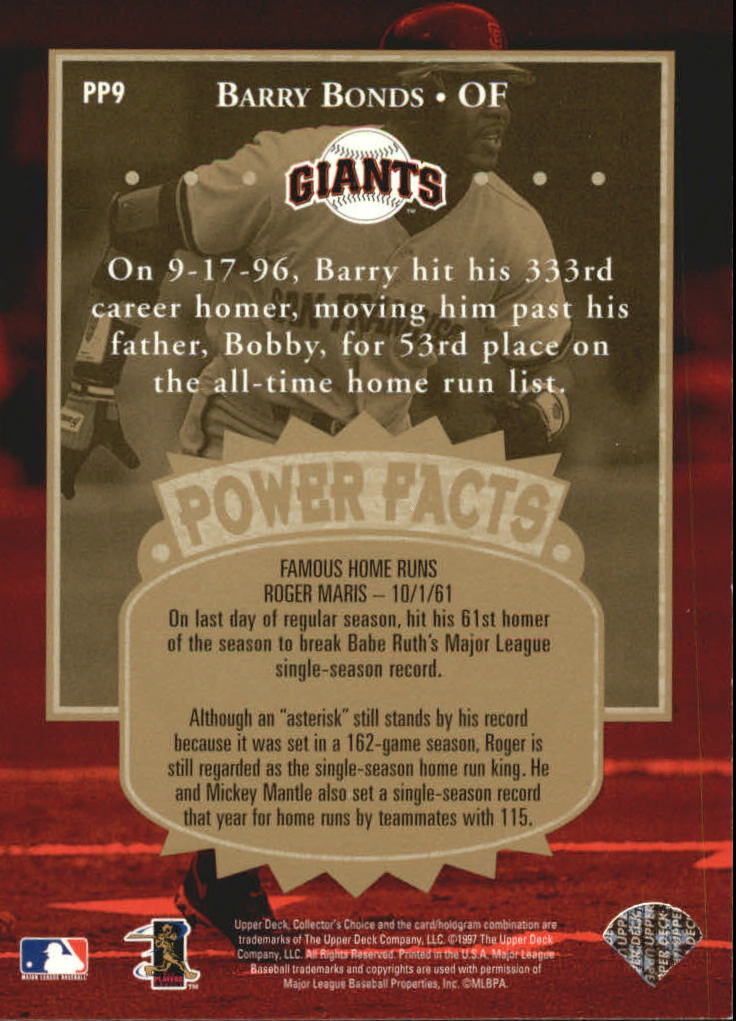 1997 Collector's Choice Premier Power Gold #PP9 Barry Bonds back image