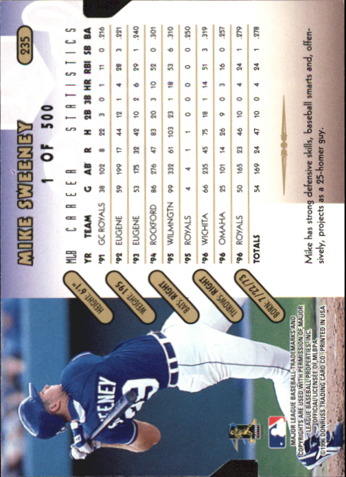 1997 Donruss Gold Press Proofs #235 Mike Sweeney back image