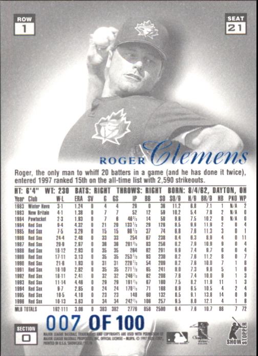 1997 Flair Showcase Legacy Collection Row 1 #21 Roger Clemens back image