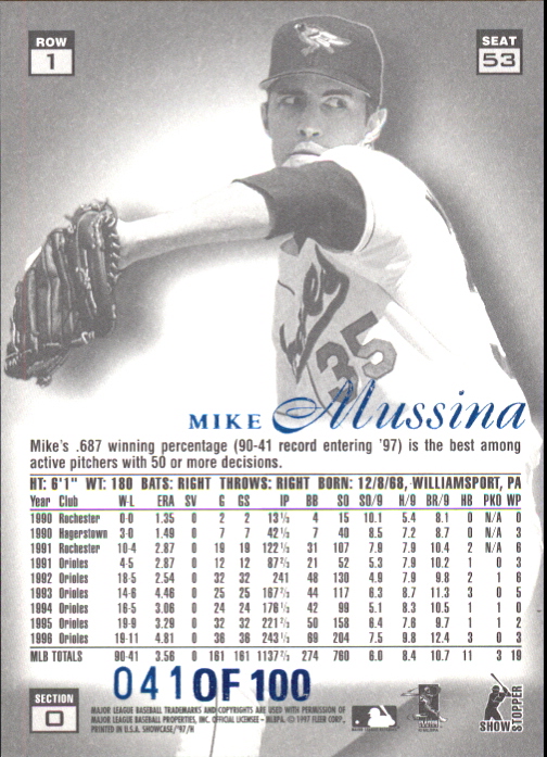 1997 Flair Showcase Legacy Collection Row 1 #53 Mike Mussina back image