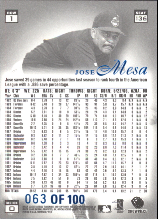 1997 Flair Showcase Legacy Collection Row 1 #136 Jose Mesa back image