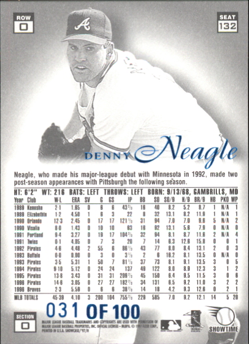 1997 Flair Showcase Legacy Collection Row 0 #132 Denny Neagle UER Debut in '91 not '92 /100