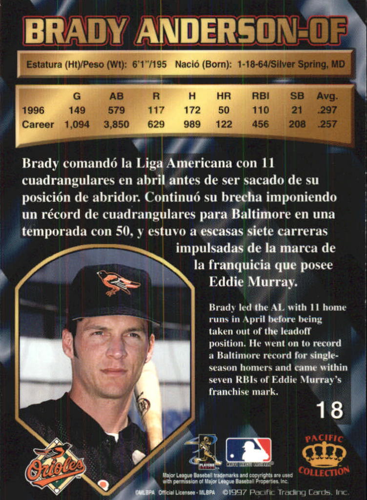 1997 Pacific #18 Brady Anderson back image