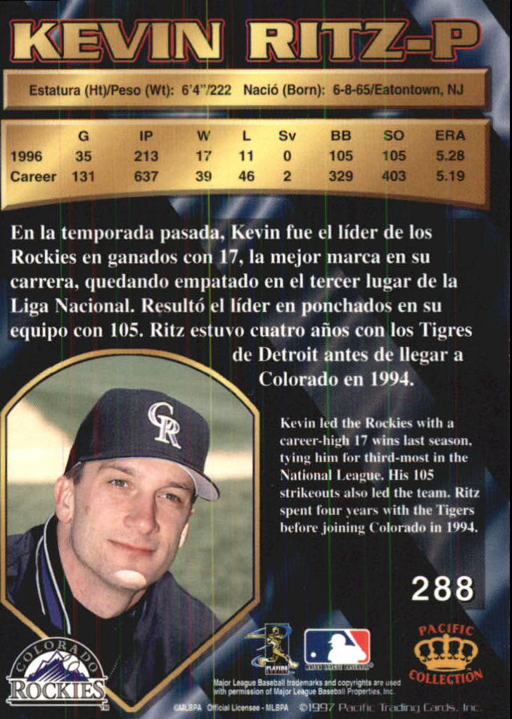 1997 Pacific #288 Kevin Ritz back image